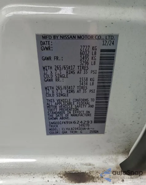 2025 Nissan Frontier Sv z USA, uszkodzony, nr VIN 1N6ED1FK9SN624293